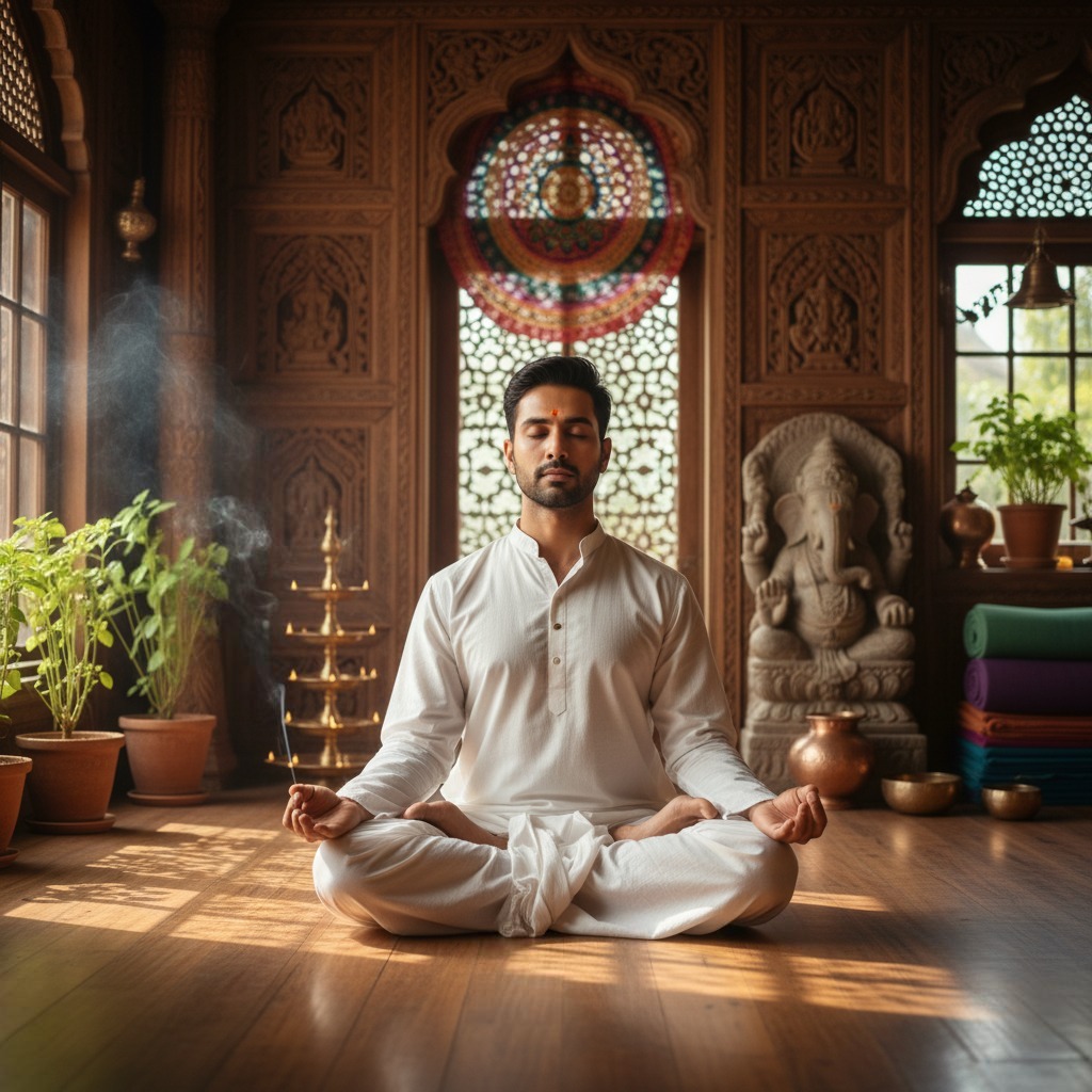 A hyperrealistic image of an Indian man in a serene yoga studio with traditional Indian decor, sitting in a meditative posture with his eyes closed. The setting is warm and inviting, with soft natural light and a peaceful atmosphere.