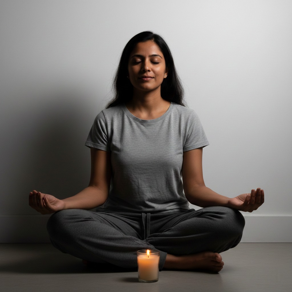Woman practicing meditation in a calm indoor setting at yoga and meditation classes near Tollygunge