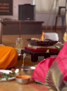 Close-up of the sacred fire during Hom Yajna rituals at Vyasa Kolkata, a Yoga centre in Southern Avenue focused on yoga and meditation.