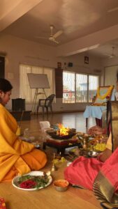 Sacred Hom Yajna being performed at Vyasa Kolkata during Guruji H R Nagendra’s birthday celebration at a Yoga centre in Southern Avenue.