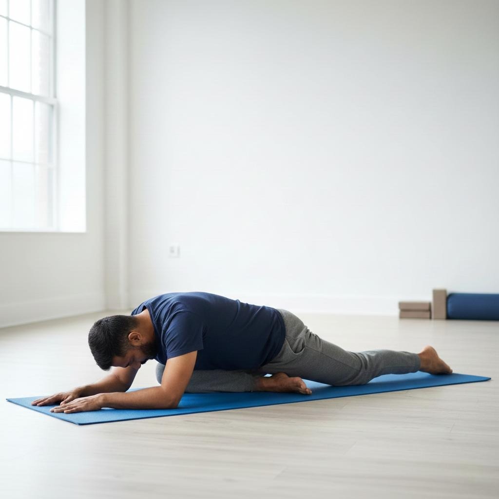 Gentle yoga posture for sciatica relief being practised on a mat at a Yoga institute in Southern Avenue focusing on safe therapeutic movement.