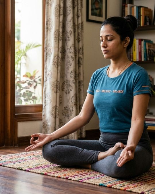 Indian woman doing yoga in for yoga centre near jadavpur VYASA Kolkata