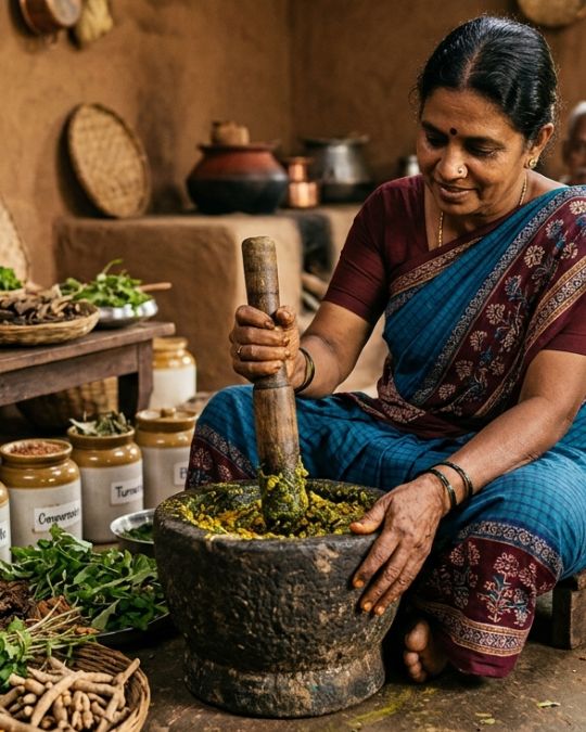 Indian woman making ayurveda medicine in VYASA Kolkata for ayurvedic treatment in tollygunge kolkata