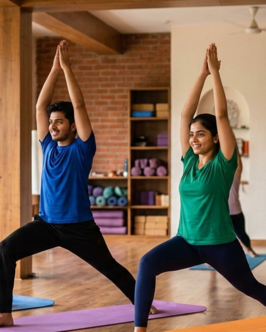 an Indian man and woman who learned from VYASA Kolkata is doing yoga in the Best Yoga Training Centre in Tollygunge