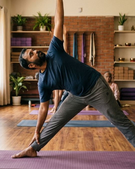 an Indian man who learned from VYASA Kolkata is doing yoga the Best Yoga Training Centre in Tollygunge