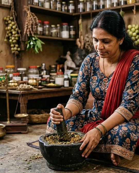 indian young adult woman is making ayurvedic medicine for Ayurvedic treatment near Tollygunge in VYASA Kolkata 