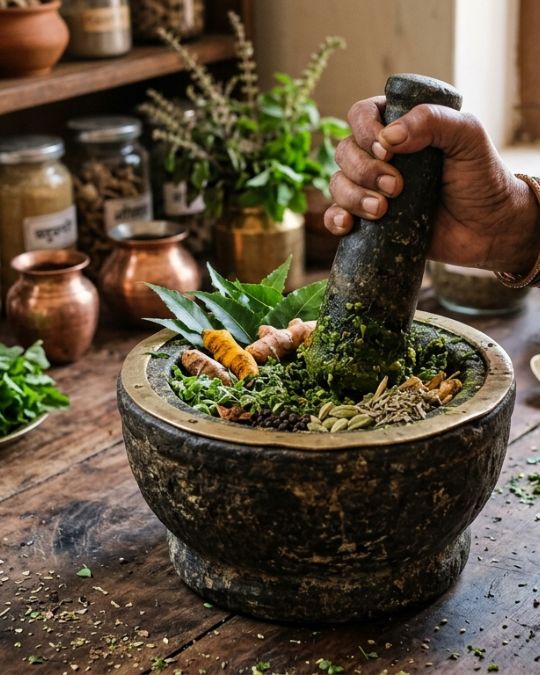 Indian woman making panchakarma medicine for panchakarma centre in Tollygunge in VYASA Kolkata