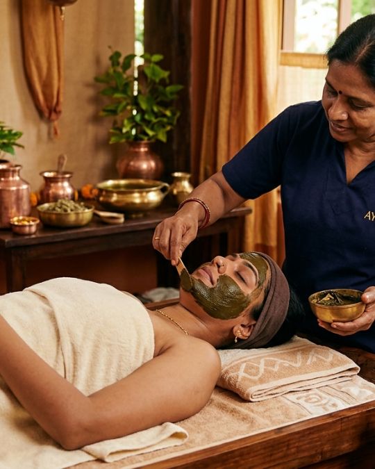 Indian woman taking mukhalepam for panchakarma centre in Tollygunge in VYASA Kolkata