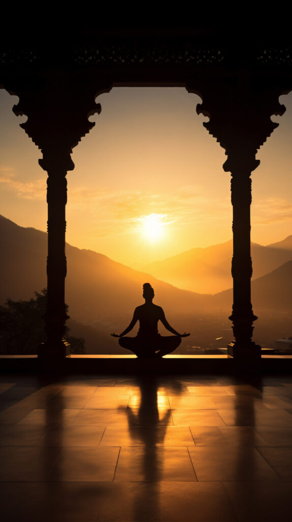 A person in a yoga pose, meditating at sunrise, representing the peaceful experience of our yoga classes in Kolkata.