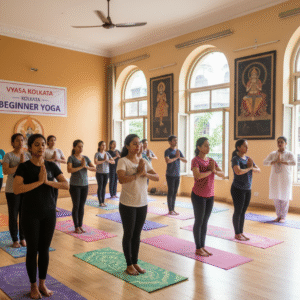 Hyperrealistic image of an Indian beginner yoga class at Vyasa Kolkata. A group of female students in comfortable activewear are standing in the Tadasana (Mountain Pose) with hands in Anjali Mudra (Prayer Position), led by a female instructor in white traditional attire. The bright studio features large arched windows, wooden flooring, and traditional Indian artwork on the walls.