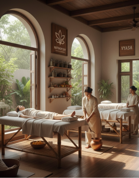 Therapists and yoga practitioners at VYASA Naturopathy Center in Kolkata offering holistic wellness treatments.