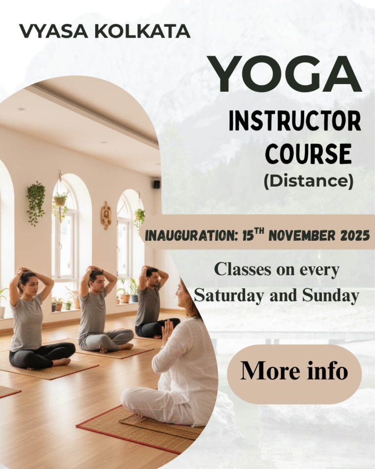 Yoga instructor guiding students in a yoga studio with text about VYASA Kolkata Yoga Instructor Course (Distance) starting on 15th November 2025.
