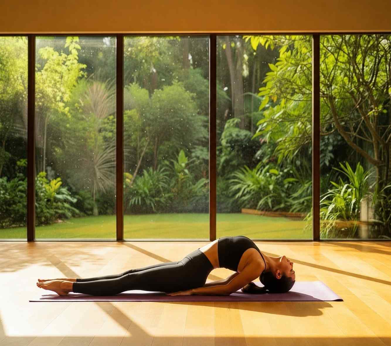 A lady is doing Matsyasana in the best yoga studio in Tollygunge and the background include plants