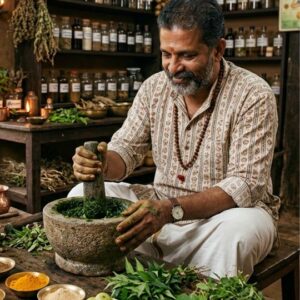 Indian man making ayurveda medicine