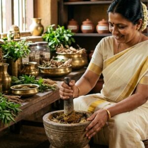 Indian woman making ayurveda medicine for ayurveda clinic in Tollygunge in VYASA Kolkata