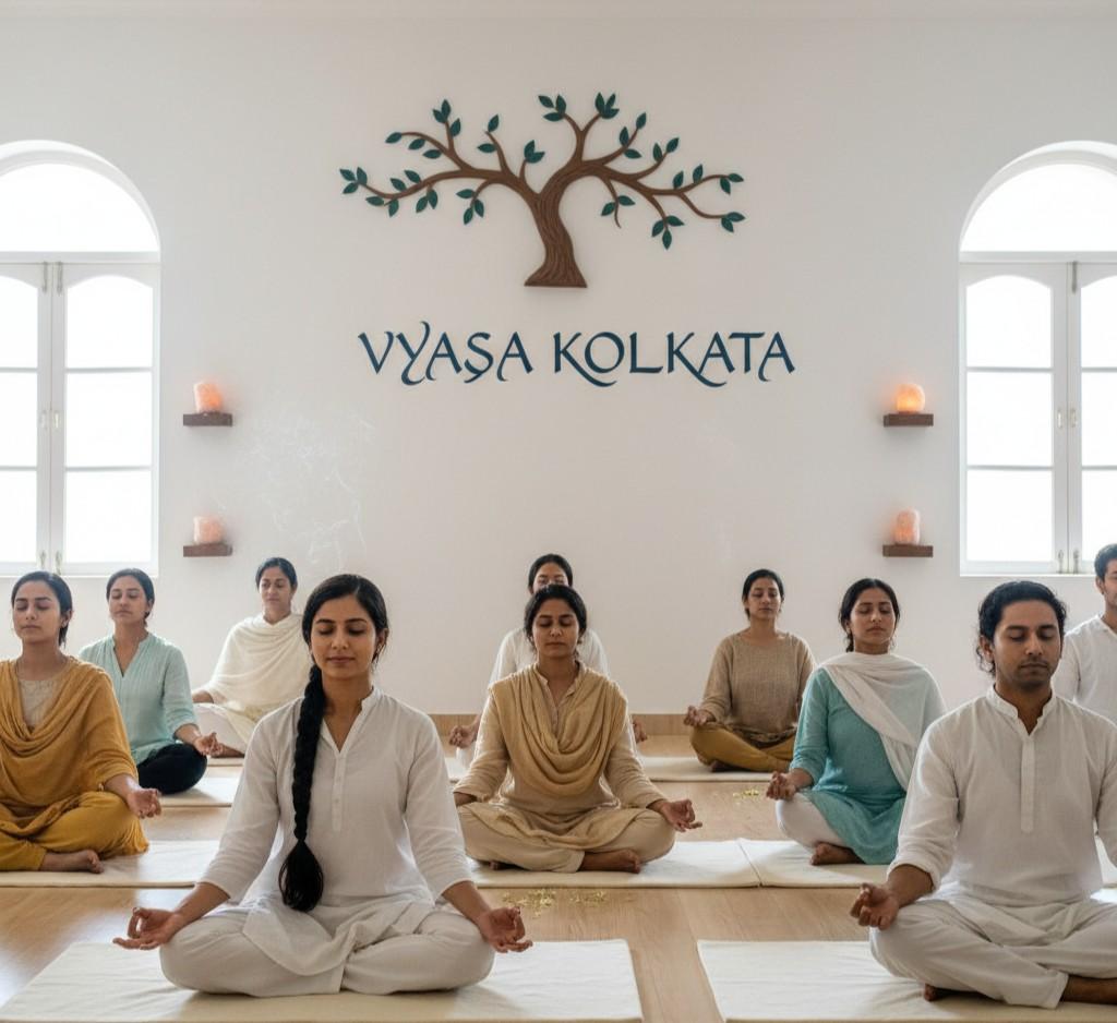 Image of Indian men and women meditating in the Sukhasana pose on mats at Vyasa Kolkata, a serene yoga studio with a minimalist white background. This is a contender for the Best Yoga Centre Near You in Tollygunge, Kolkata.