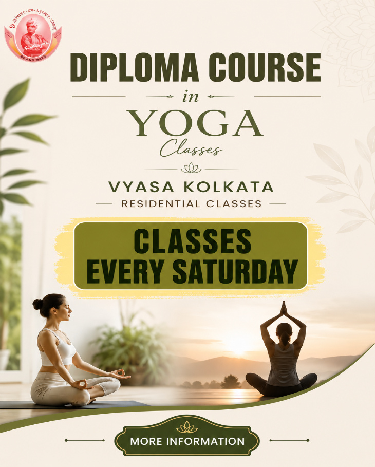 The poster shows information regarding VYASA Yoga Centre in Kolkata with the availability of residential classes every Saturday.