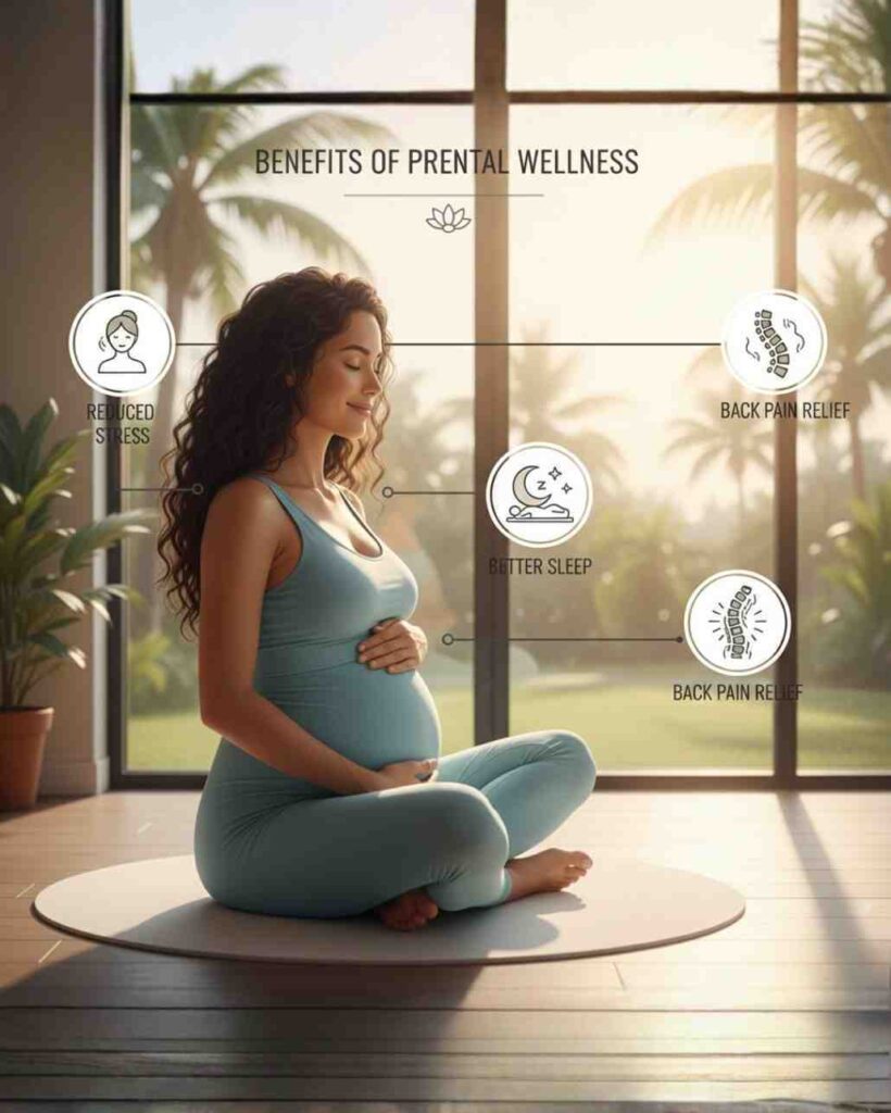 The Image shows the benefits of pregnancy yoga classes in tollygunge 