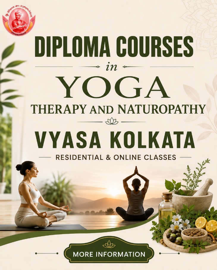 The poster shows information regarding VYASA Yoga Centre in Kolkata with the availability of yoga therapy and naturopathy as residential and online classes.