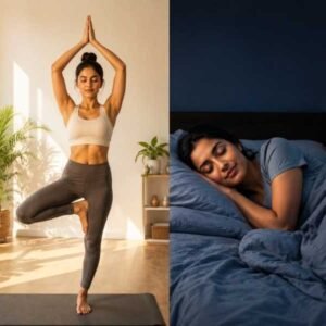 a lady is doing tree pose Yoga for Insomnia