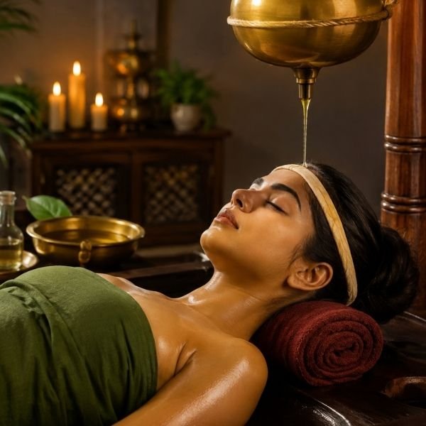 A lady is receiving Shirodhara Ayurvedic Treatment at VYASA Kolkata