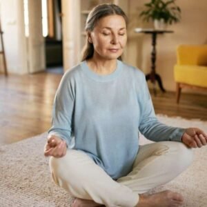 An old lady is performing Yoga for Seniors